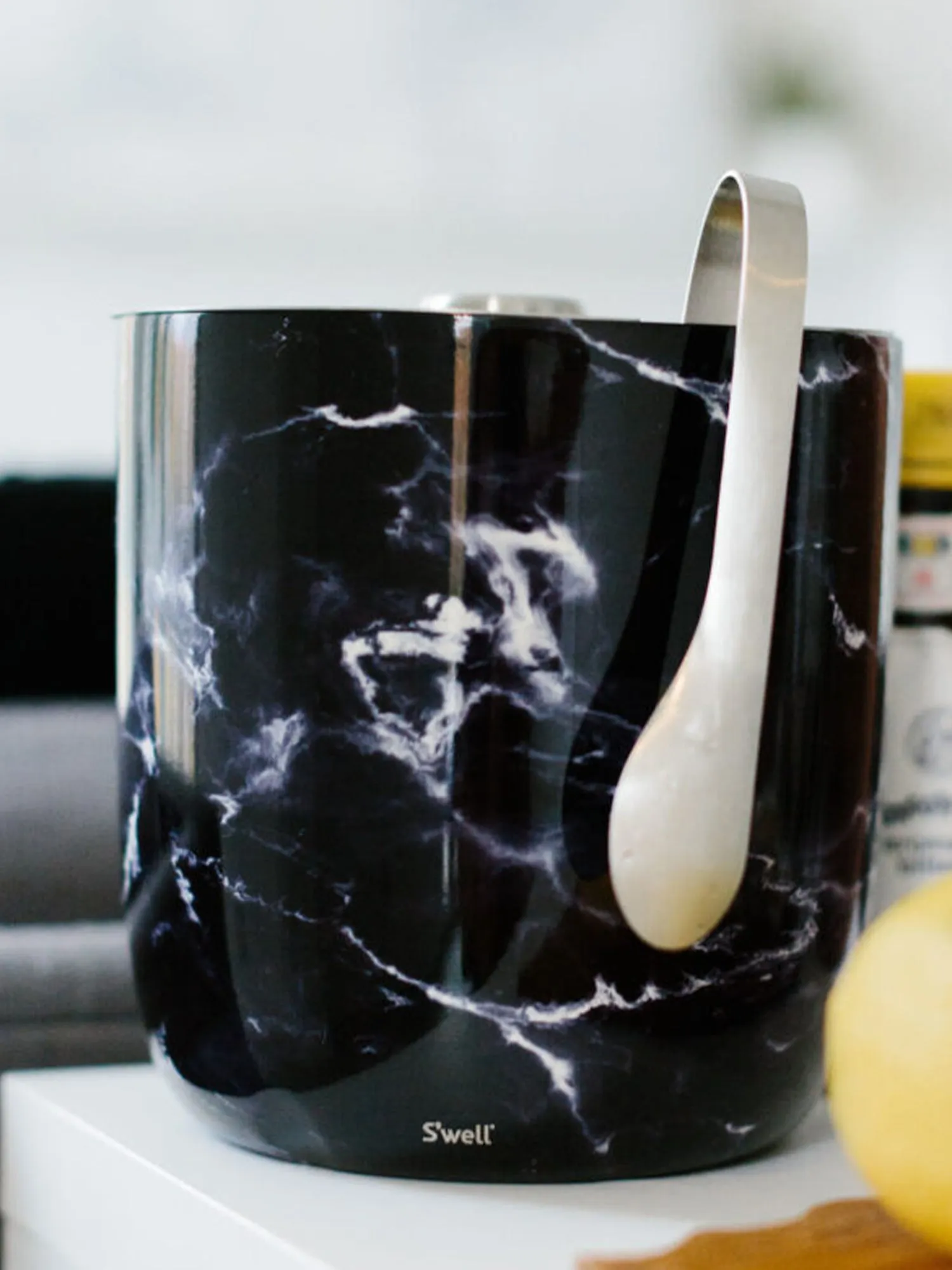 S'well 68oz Black Marble Ice Bucket   Tongs