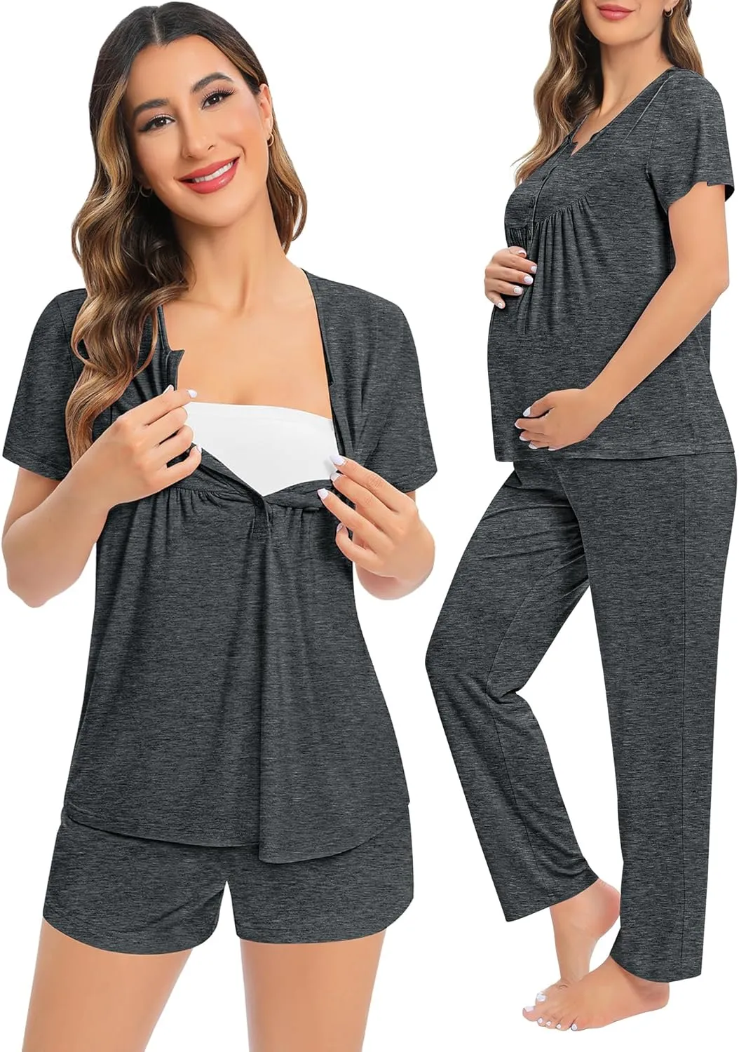 SWOMOG Women's Maternity Nursing Pajama Set 3 Pieces Breastfeeding Sleepwear Set Short Sleeve Pregnancy Pj Set & Pants