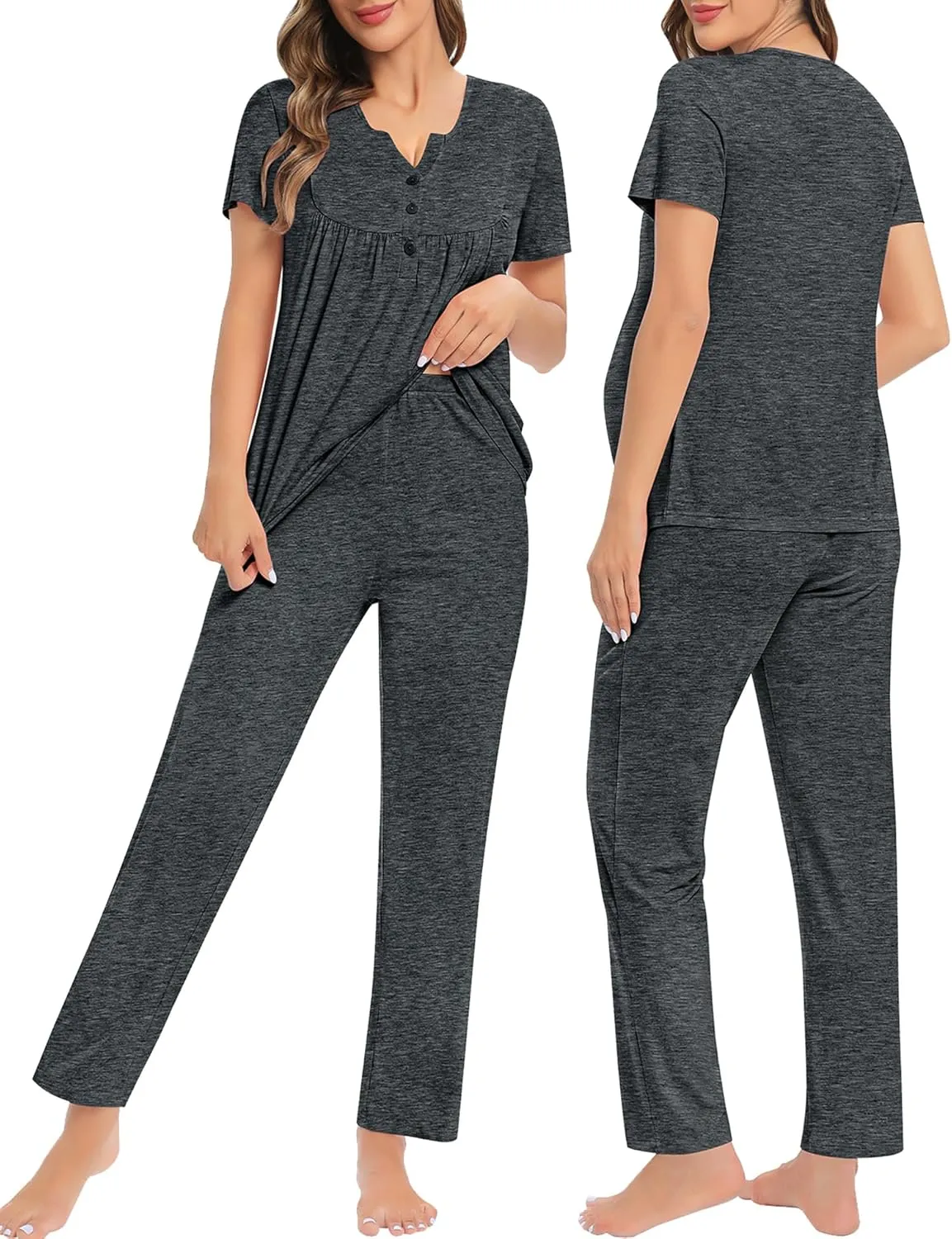 SWOMOG Women's Maternity Nursing Pajama Set 3 Pieces Breastfeeding Sleepwear Set Short Sleeve Pregnancy Pj Set & Pants