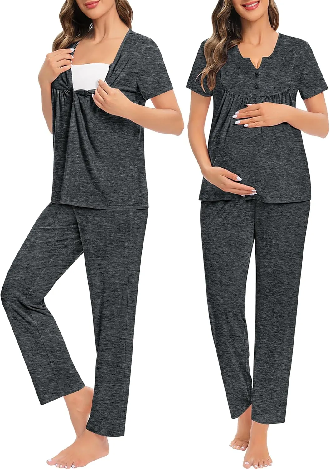 SWOMOG Women's Maternity Nursing Pajama Set 3 Pieces Breastfeeding Sleepwear Set Short Sleeve Pregnancy Pj Set & Pants
