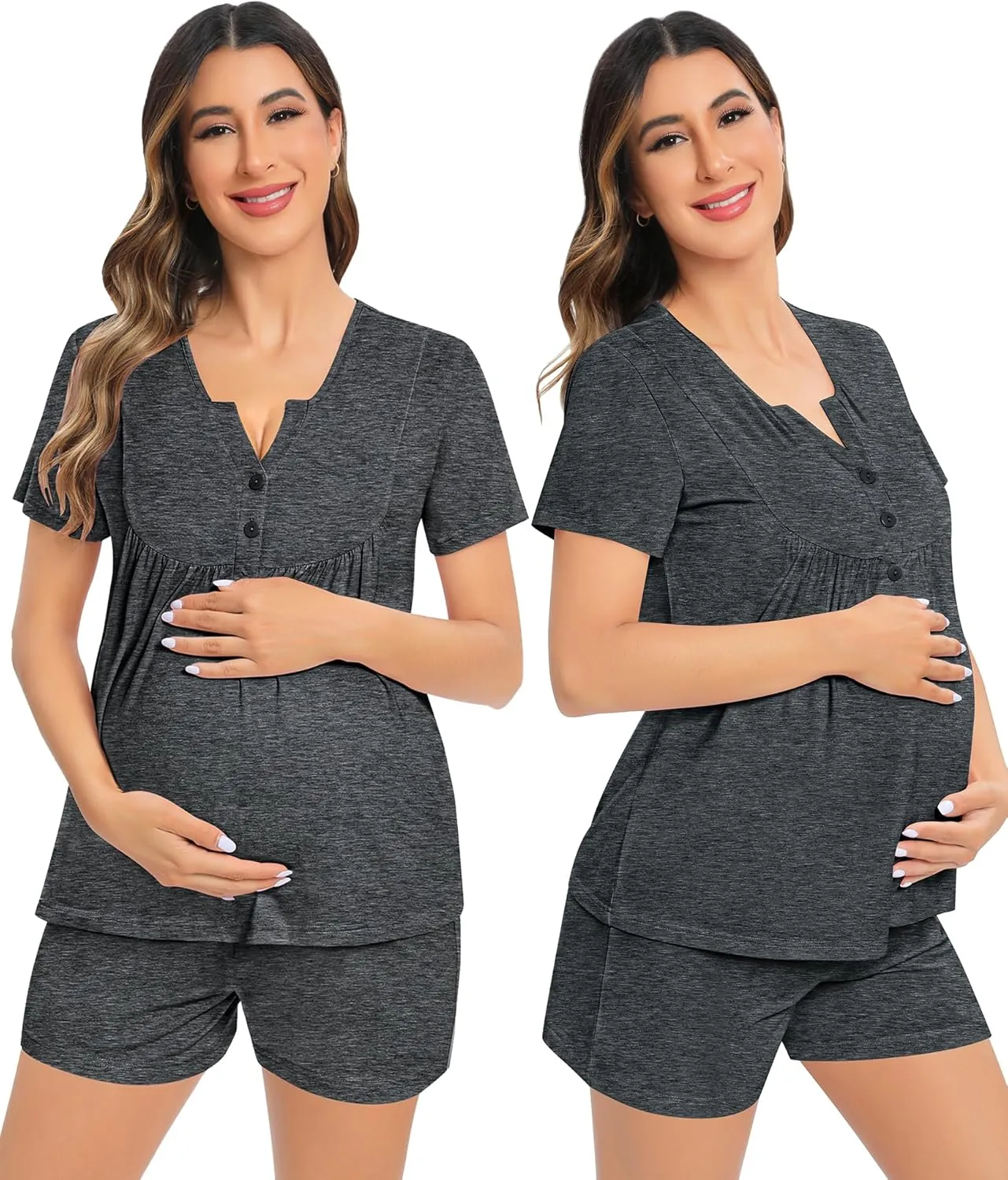 SWOMOG Women's Maternity Nursing Pajama Set 3 Pieces Breastfeeding Sleepwear Set Short Sleeve Pregnancy Pj Set & Pants