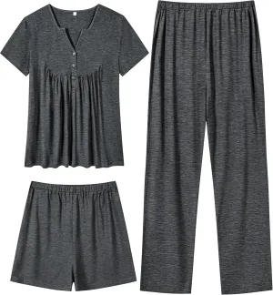 SWOMOG Women's Maternity Nursing Pajama Set 3 Pieces Breastfeeding Sleepwear Set Short Sleeve Pregnancy Pj Set & Pants