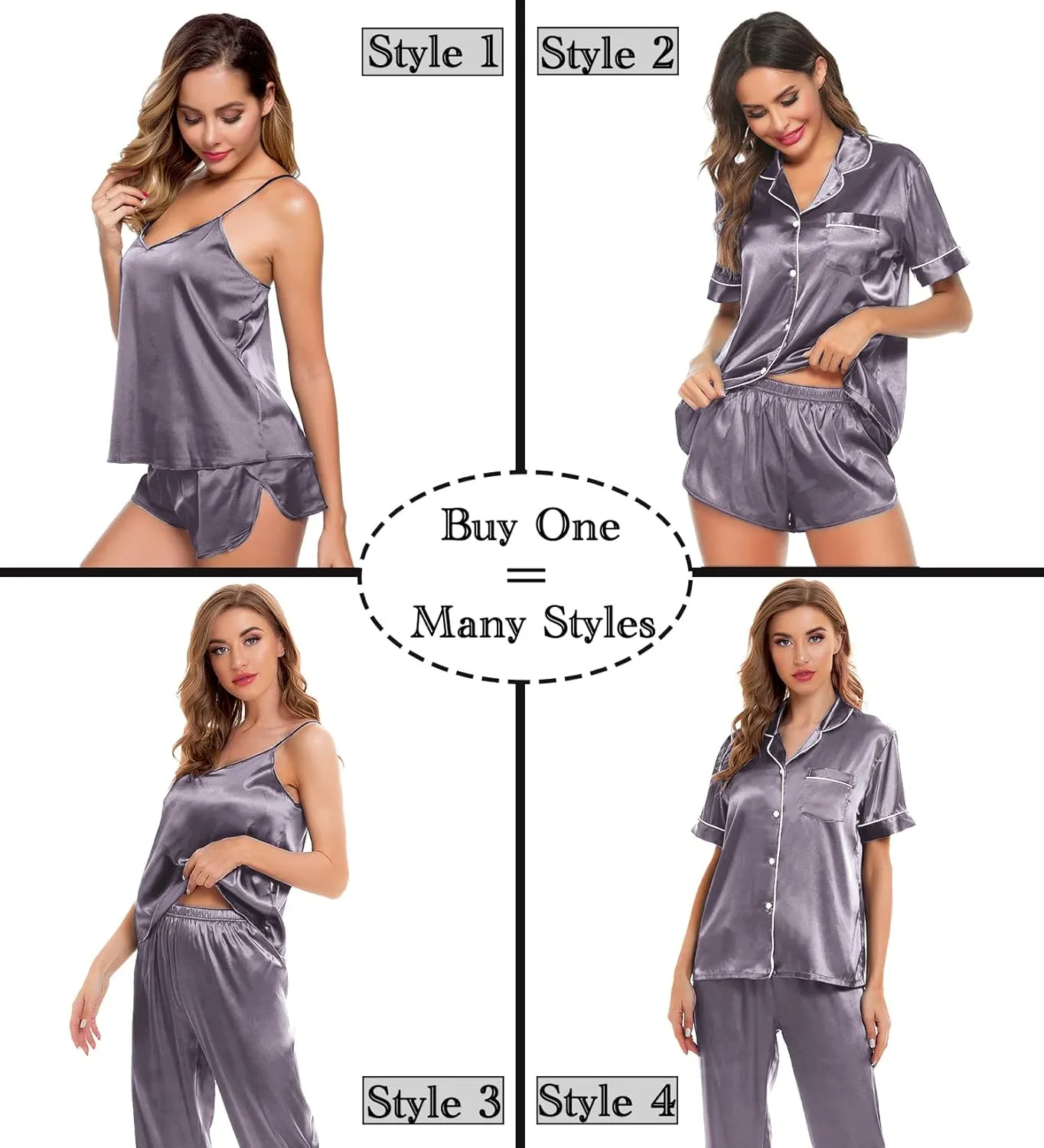 SWOMOG Womens Silk Satin Pajamas Sets 4pcs Sleepwear Sexy Cami Shorts Set and Button Down Short Sleeve Pjs Loungewear