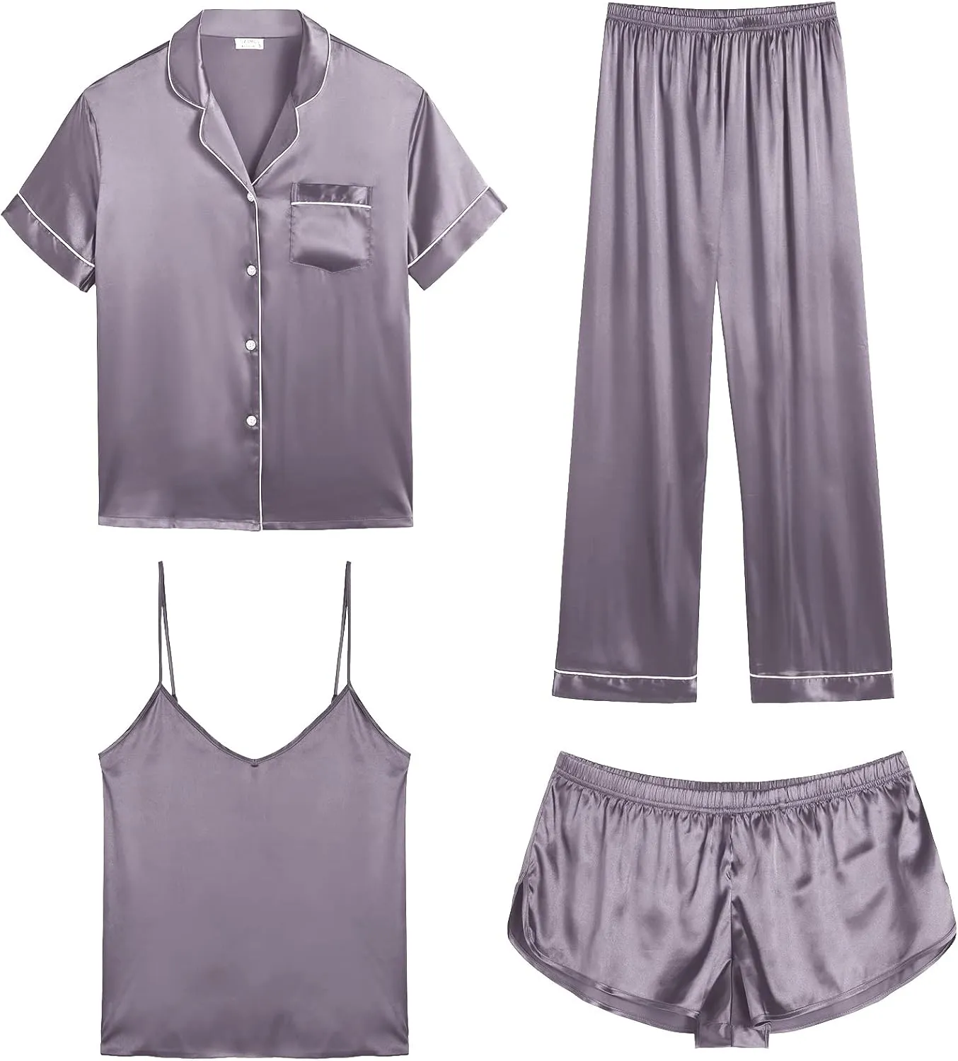 SWOMOG Womens Silk Satin Pajamas Sets 4pcs Sleepwear Sexy Cami Shorts Set and Button Down Short Sleeve Pjs Loungewear