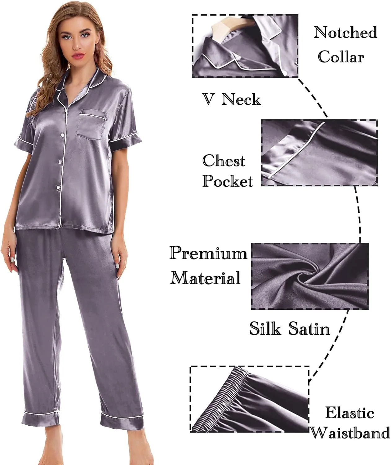 SWOMOG Womens Silk Satin Pajamas Sets 4pcs Sleepwear Sexy Cami Shorts Set and Button Down Short Sleeve Pjs Loungewear