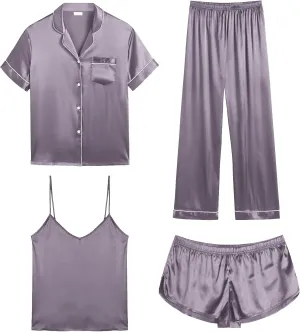 SWOMOG Womens Silk Satin Pajamas Sets 4pcs Sleepwear Sexy Cami Shorts Set and Button Down Short Sleeve Pjs Loungewear