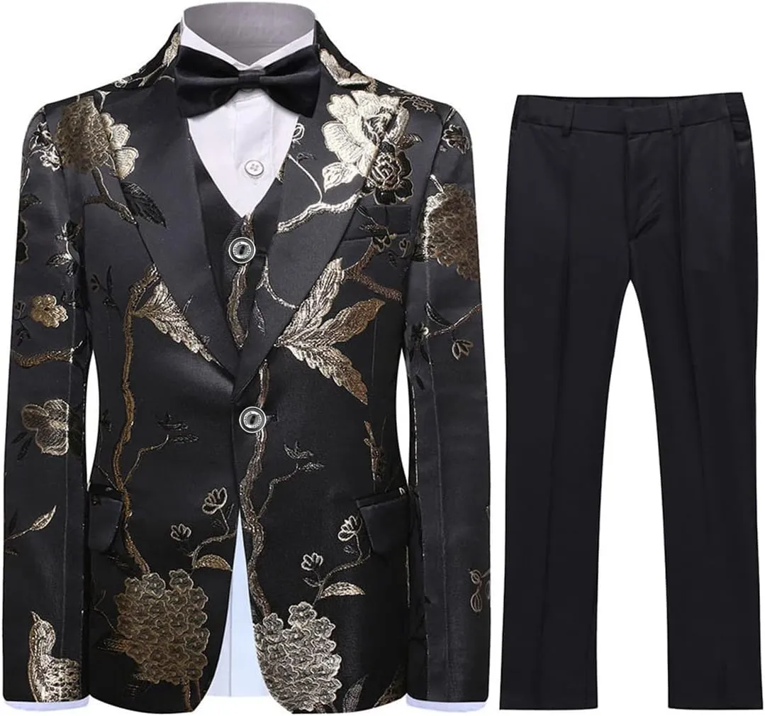 SWOTGdoby Boys Suits 3 Piece Gold Paisley Floral Suit Set Slim Fit Tuxedo Embroidery Suit Blazer Vest Pants