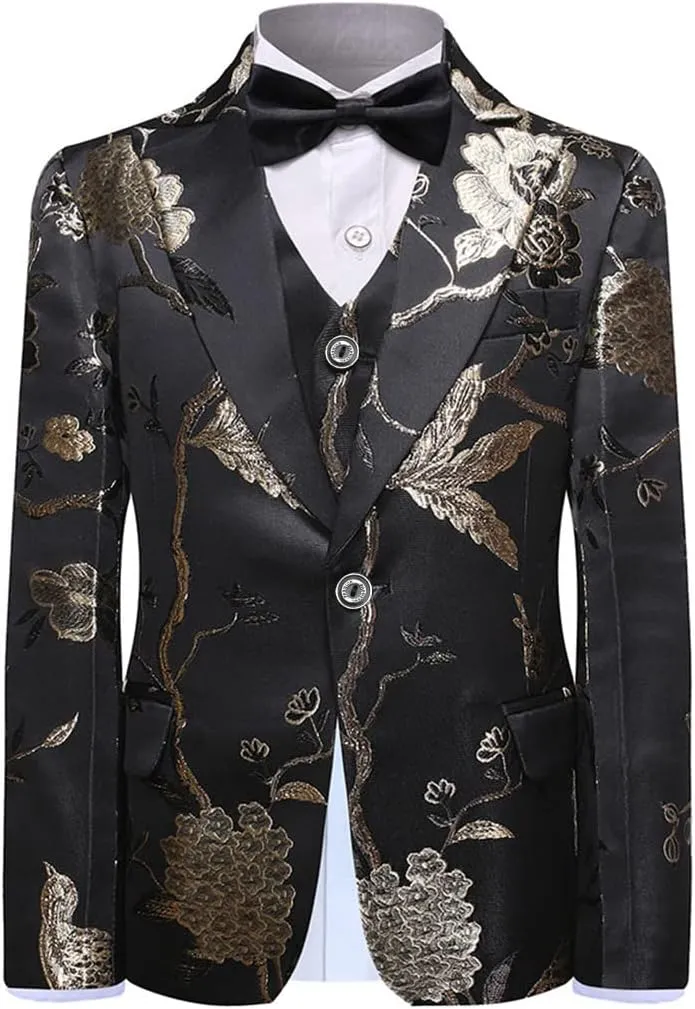 SWOTGdoby Boys Suits 3 Piece Gold Paisley Floral Suit Set Slim Fit Tuxedo Embroidery Suit Blazer Vest Pants