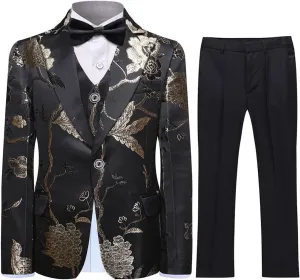 SWOTGdoby Boys Suits 3 Piece Gold Paisley Floral Suit Set Slim Fit Tuxedo Embroidery Suit Blazer Vest Pants