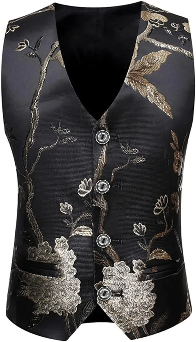 SWOTGdoby Boys Suits 3 Piece Gold Paisley Floral Suit Set Slim Fit Tuxedo Embroidery Suit Blazer Vest Pants