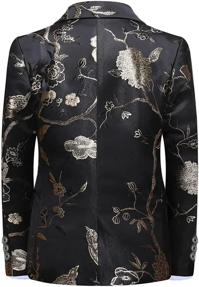 SWOTGdoby Boys Suits 3 Piece Gold Paisley Floral Suit Set Slim Fit Tuxedo Embroidery Suit Blazer Vest Pants