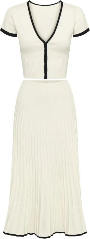 Tanming Women's Two Piece Skirt Set Casual Short Sleeve Crop Top Ribbed Knit Midi Pleated Skirt
