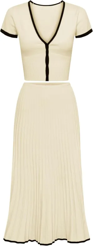 Tanming Women's Two Piece Skirt Set Casual Short Sleeve Crop Top Ribbed Knit Midi Pleated Skirt