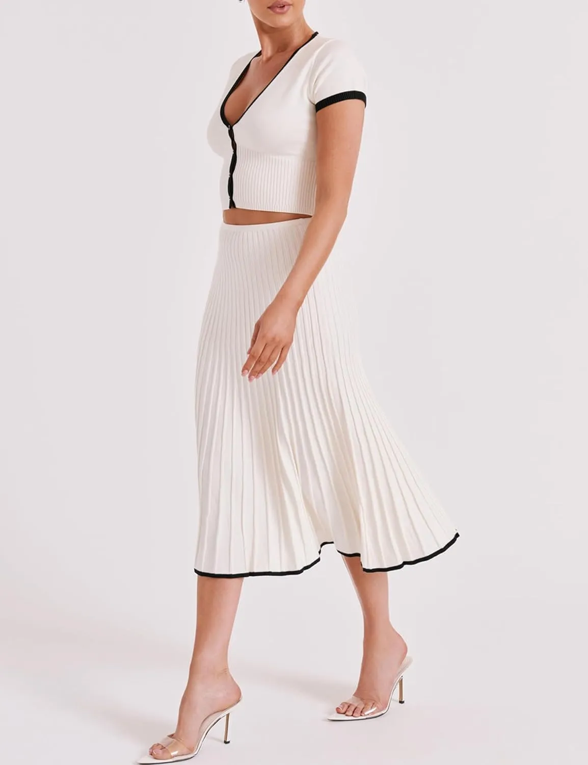 Tanming Women's Two Piece Skirt Set Casual Short Sleeve Crop Top Ribbed Knit Midi Pleated Skirt