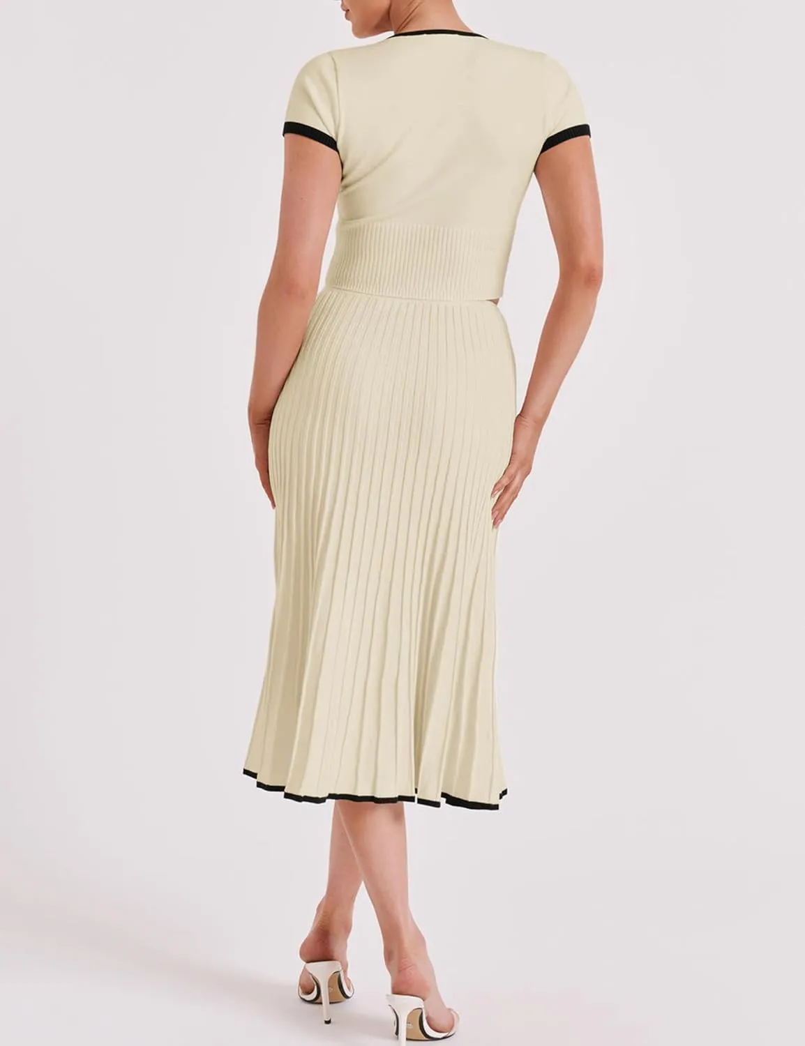 Tanming Women's Two Piece Skirt Set Casual Short Sleeve Crop Top Ribbed Knit Midi Pleated Skirt