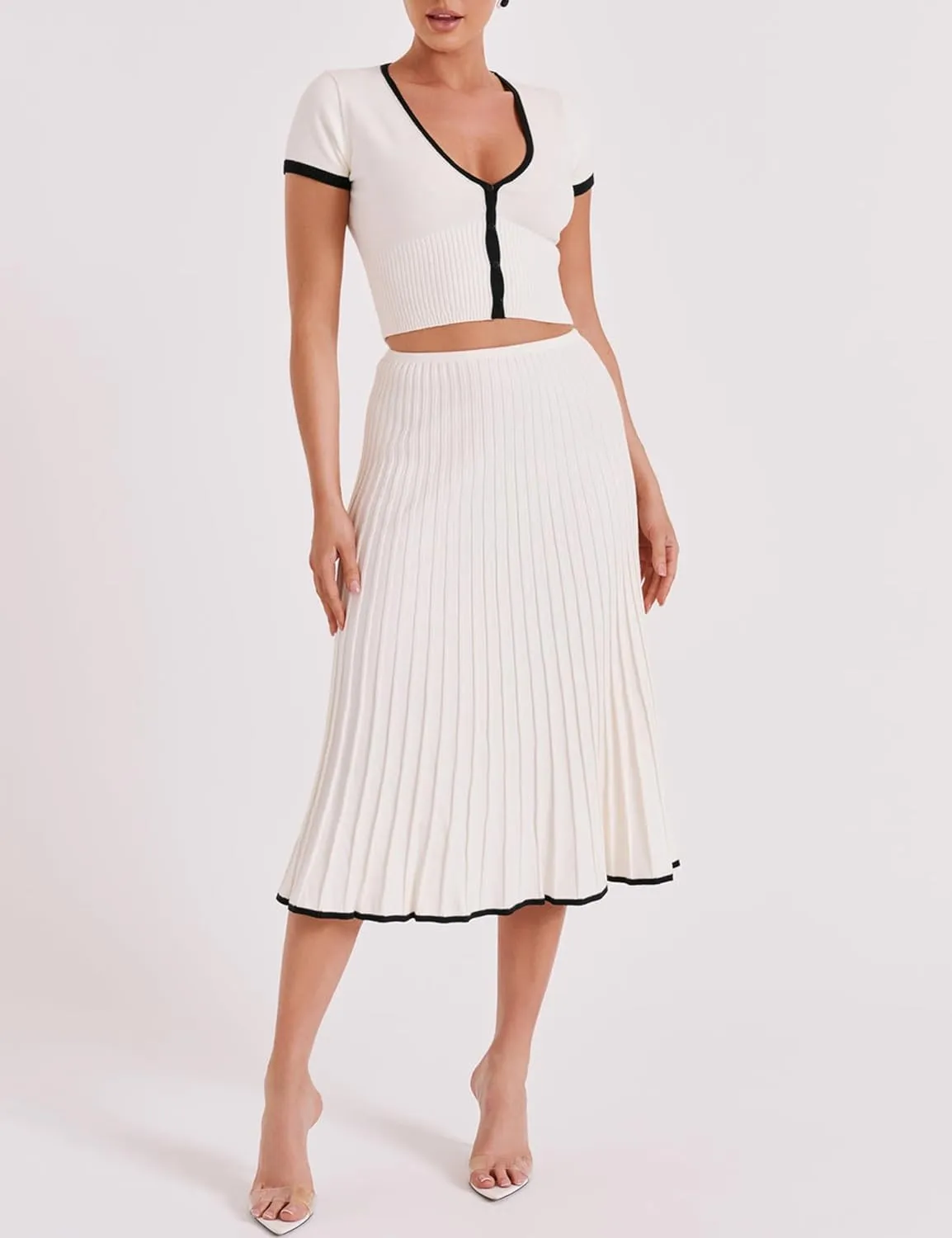 Tanming Women's Two Piece Skirt Set Casual Short Sleeve Crop Top Ribbed Knit Midi Pleated Skirt