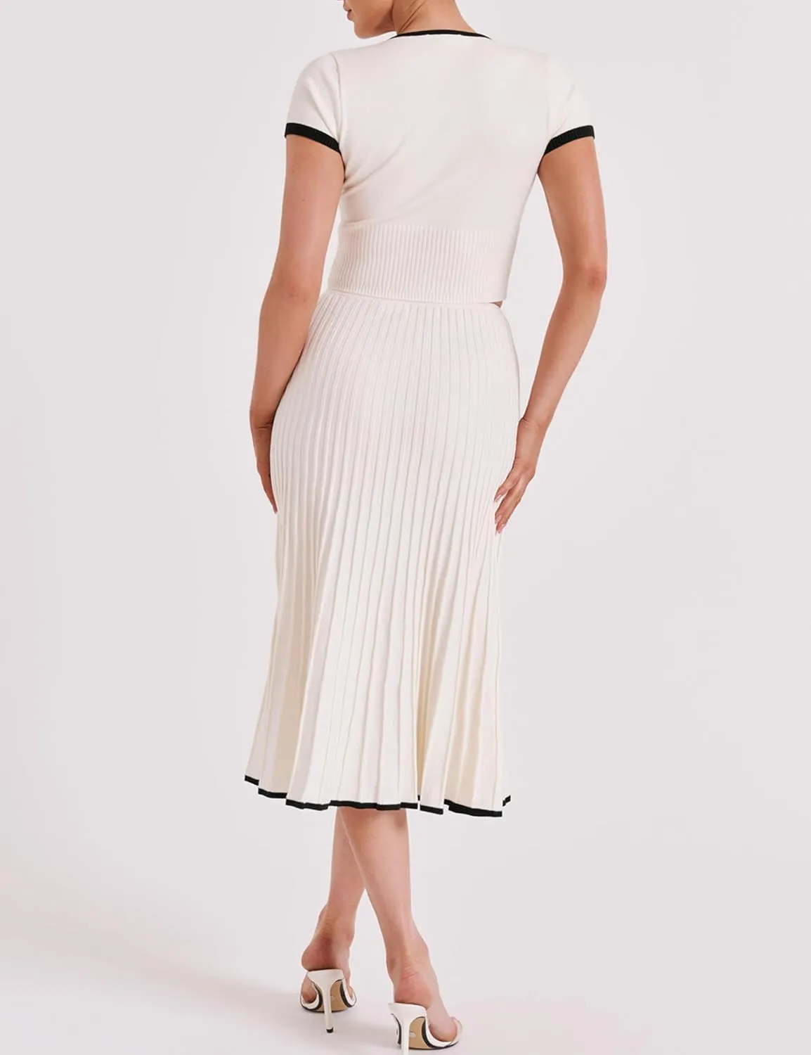 Tanming Women's Two Piece Skirt Set Casual Short Sleeve Crop Top Ribbed Knit Midi Pleated Skirt