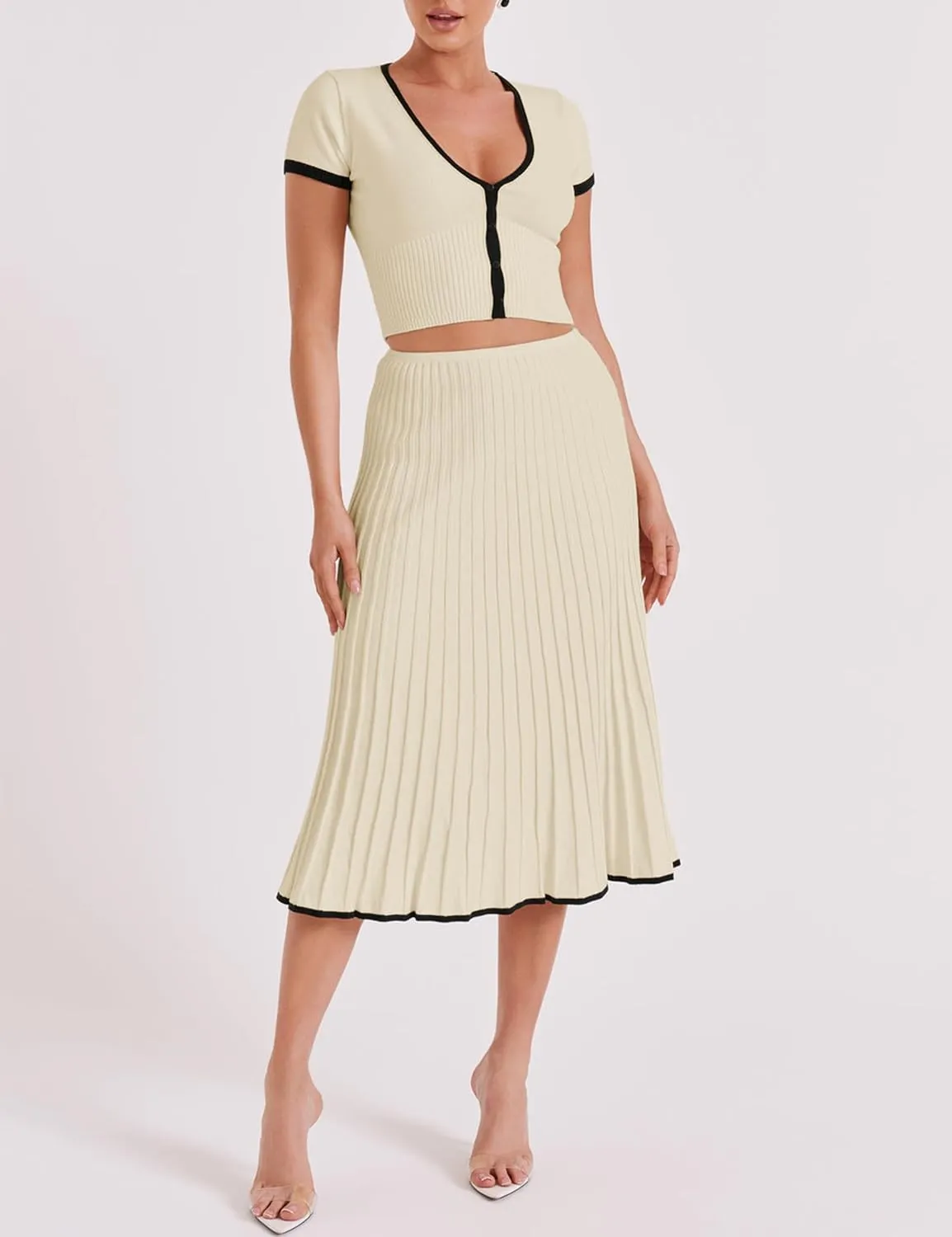 Tanming Women's Two Piece Skirt Set Casual Short Sleeve Crop Top Ribbed Knit Midi Pleated Skirt