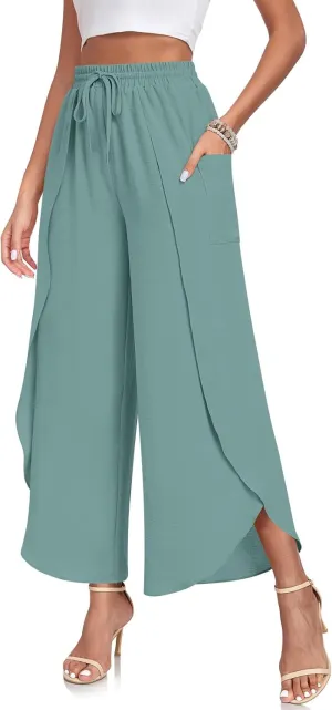 TAOHUADAO Womens Summer Wide Leg Pants with Pockets Side Split High Waisted Palazzo Pants Boho Beach Flowy Trousers