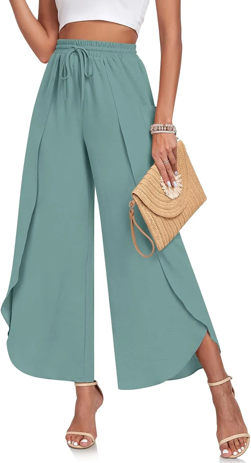 TAOHUADAO Womens Summer Wide Leg Pants with Pockets Side Split High Waisted Palazzo Pants Boho Beach Flowy Trousers