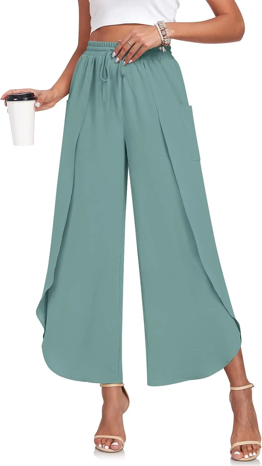 TAOHUADAO Womens Summer Wide Leg Pants with Pockets Side Split High Waisted Palazzo Pants Boho Beach Flowy Trousers