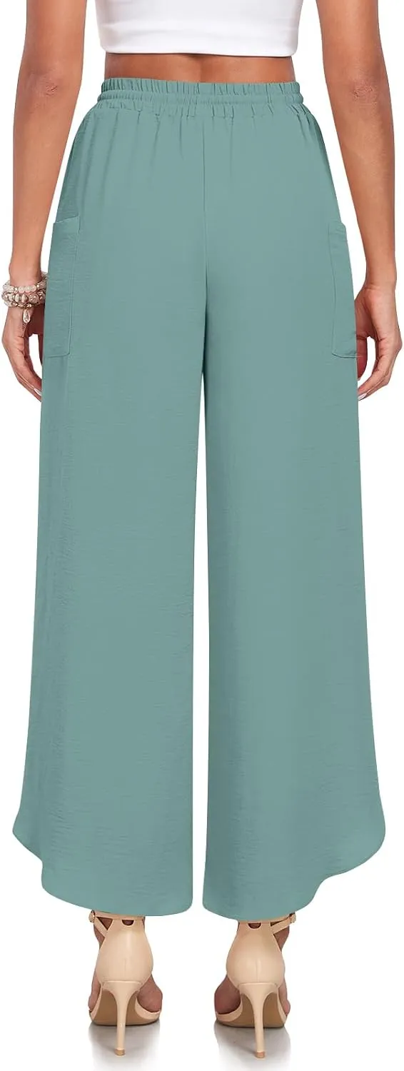 TAOHUADAO Womens Summer Wide Leg Pants with Pockets Side Split High Waisted Palazzo Pants Boho Beach Flowy Trousers