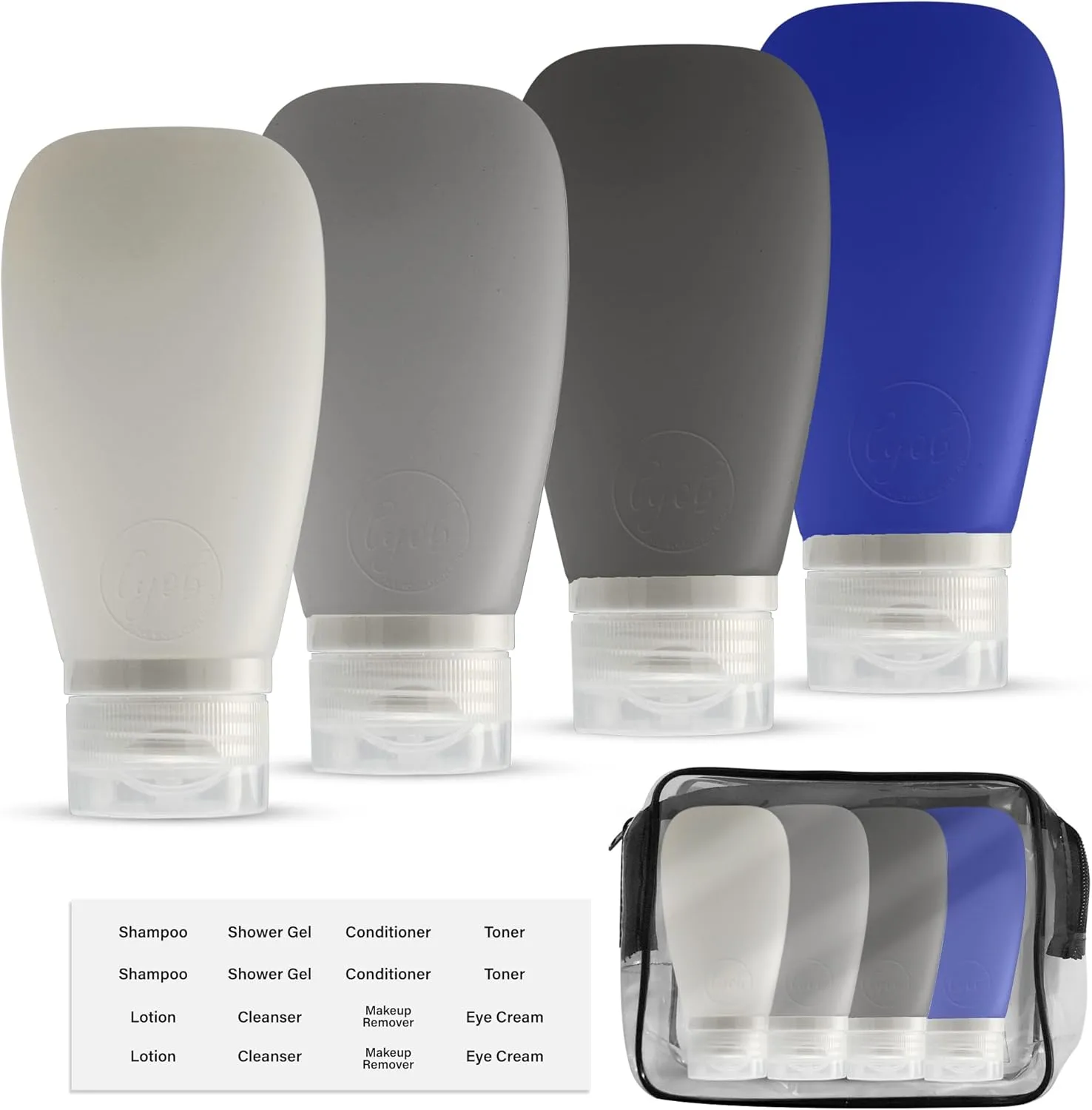 Travel Bottles for Toiletries, TSA Approved 3oz Leak Proof Silicone Refillable Squeeze Travel Size Containers BPA Free for Cleansers, Lotions, Shampoo, Conditioner 4pk With Bag(W,G,Blk,Bl)
