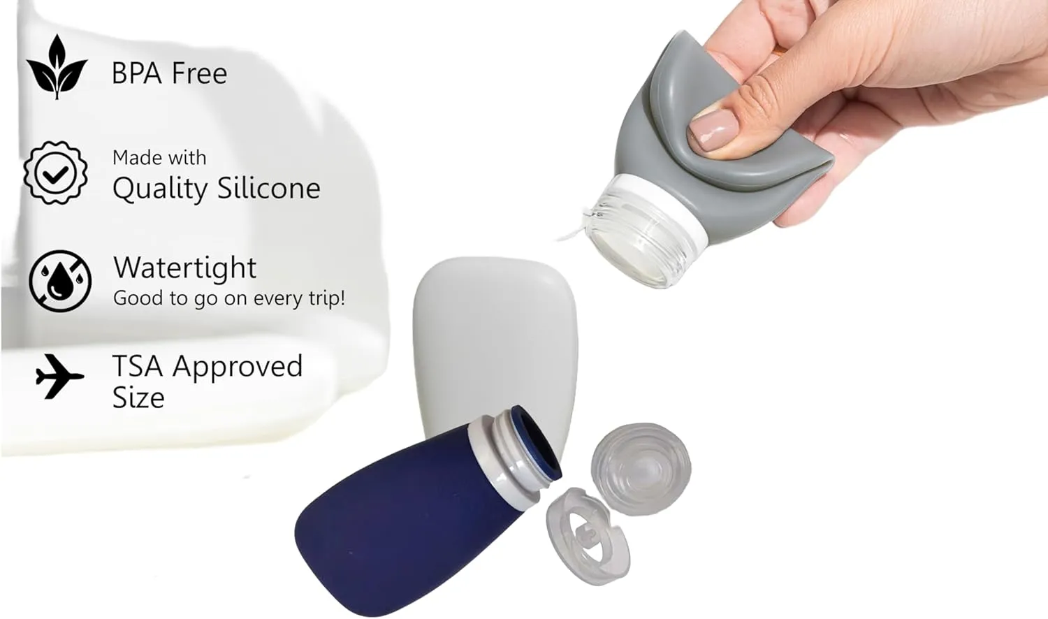 Travel Bottles for Toiletries, TSA Approved 3oz Leak Proof Silicone Refillable Squeeze Travel Size Containers BPA Free for Cleansers, Lotions, Shampoo, Conditioner 4pk With Bag(W,G,Blk,Bl)