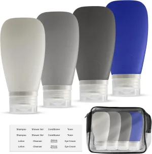 Travel Bottles for Toiletries, TSA Approved 3oz Leak Proof Silicone Refillable Squeeze Travel Size Containers BPA Free for Cleansers, Lotions, Shampoo, Conditioner 4pk With Bag(W,G,Blk,Bl)
