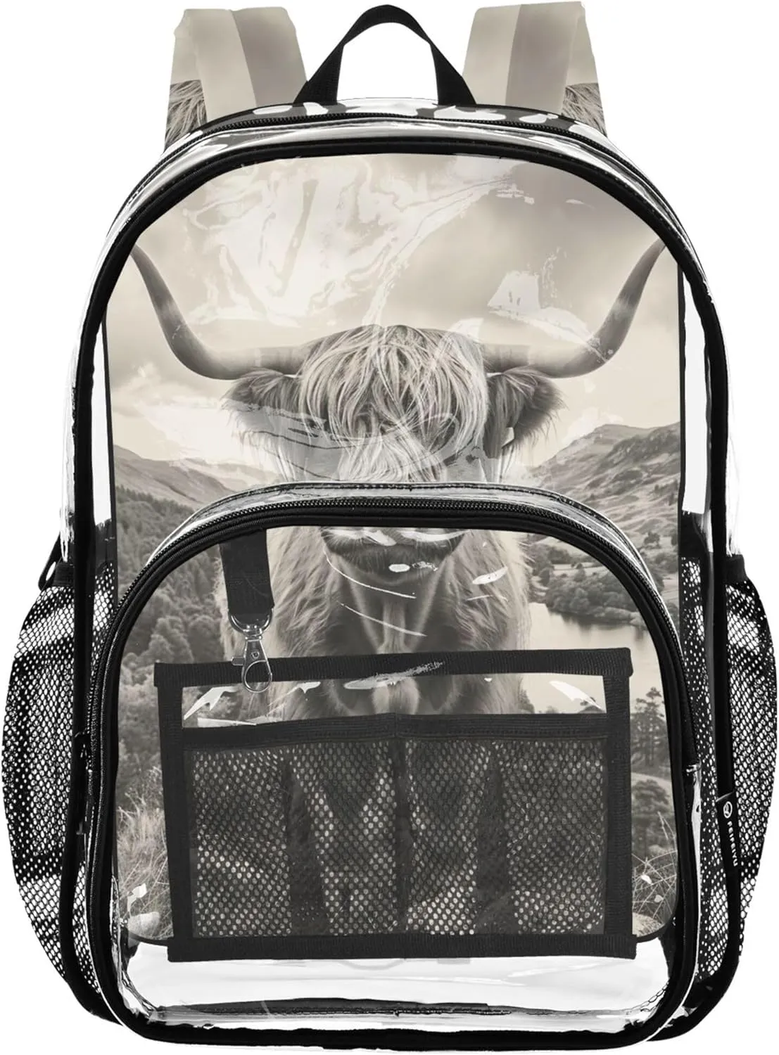 Travel Clear Bags for Women Boys Backpacks for Girls Approved Plastic Bag Large Black and White Highland Cow