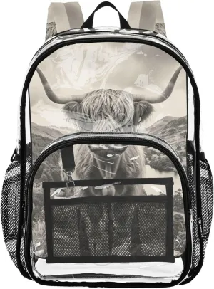 Travel Clear Bags for Women Boys Backpacks for Girls Approved Plastic Bag Large Black and White Highland Cow