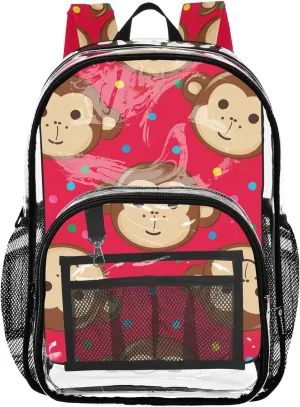 Travel Clear Bags for Women Girls Backpack for Kids School Clear Plastic Bag Pvc Cute Monkey Faces Red Brown