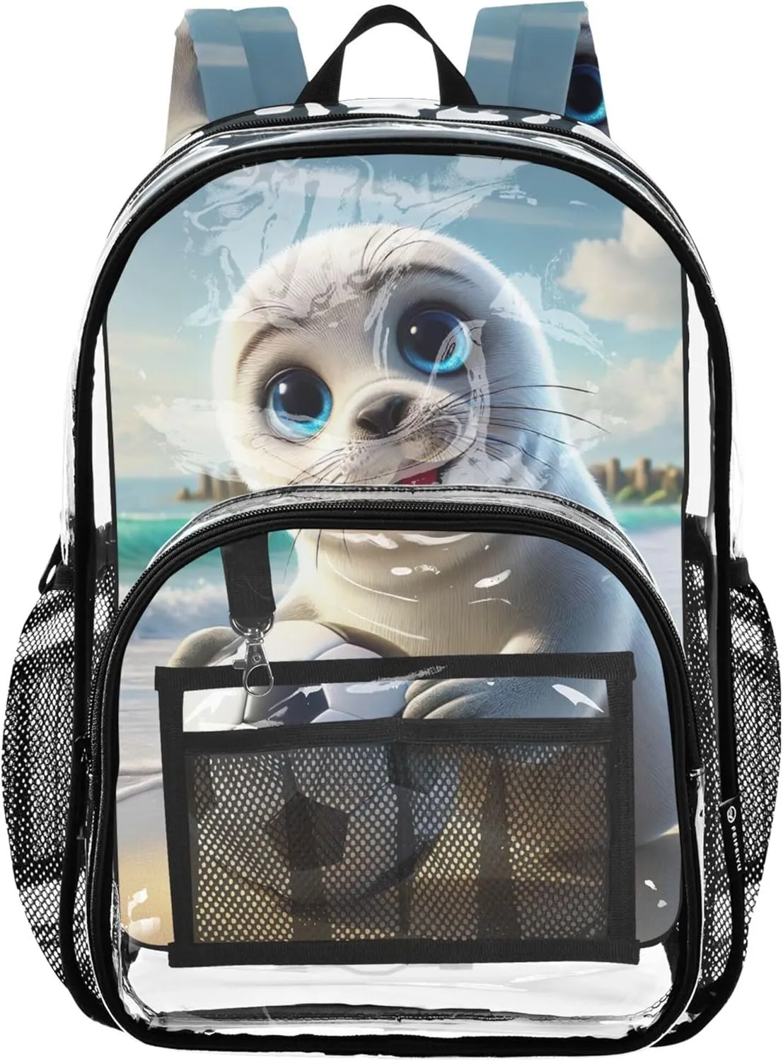 Travel Clear Bags for Women Kids Backpack for Girls Plastic School Clear Bookbag Cute Seal Beach