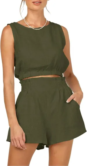 Trendy Queen Womens Summer 2 Piece Outfits Short Sets Matching Sleeveless Tank Top High Waisted Shorts with Pockets