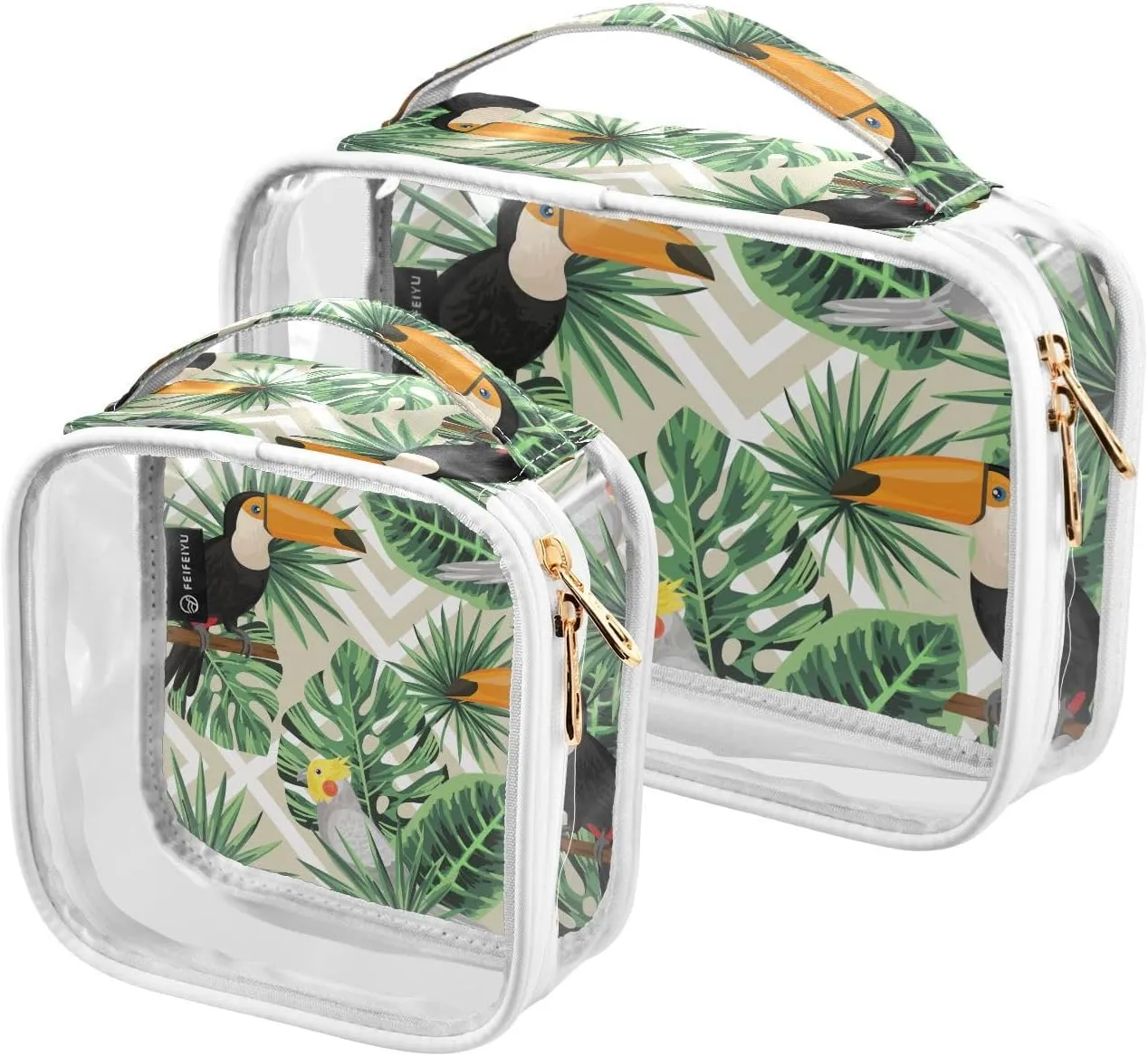 Tropical Leaves-birds-pattern 2 Pack Clear Toiletry Bag Women Men, Portable Waterproof Clear Pouch, Cosmetic Bag with Double Zippers Large Opening Traveling with Handle for Bathroom Traveling Vacation