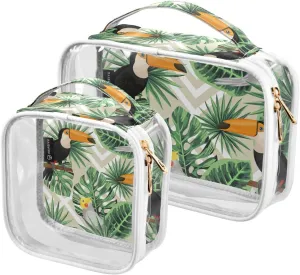 Tropical Leaves-birds-pattern 2 Pack Clear Toiletry Bag Women Men, Portable Waterproof Clear Pouch, Cosmetic Bag with Double Zippers Large Opening Traveling with Handle for Bathroom Traveling Vacation