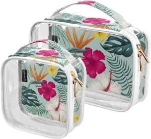 Tropical Leaves-pattern 2 Pack Clear Toiletry Bag Women Men, Portable Waterproof Clear Pouch, Cosmetic Bag with Double Zippers Large Opening Traveling with Handle for Bathroom Traveling Vacation Organ