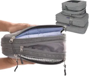 TWO-Compartment Compression Packing Cubes - WONGLE DUO 4 pc Set Travel Organizer Compressible Packing Cubes for Suitcases, Luggage Organizer Bags, Bedbug Protection, Travel Accessories (Grey)