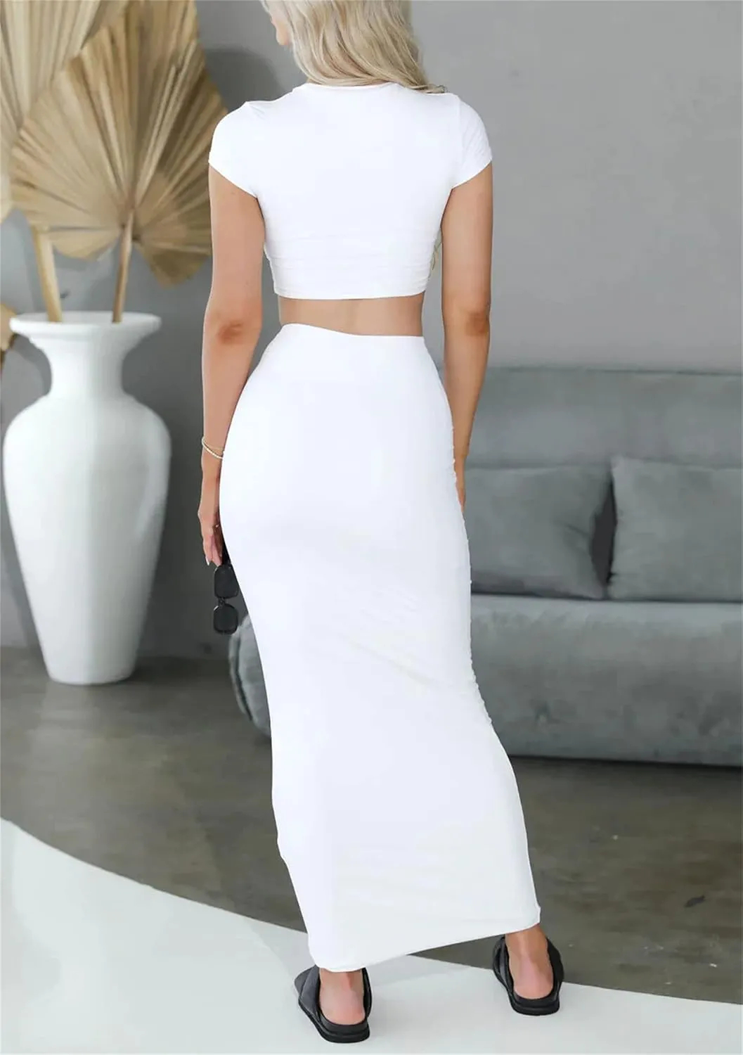 Two Piece Skirt Set for Women 2 PC Y2K Outfits Short Sleeve Crop Tops Bodycon High Waist Long Maxi Skirts