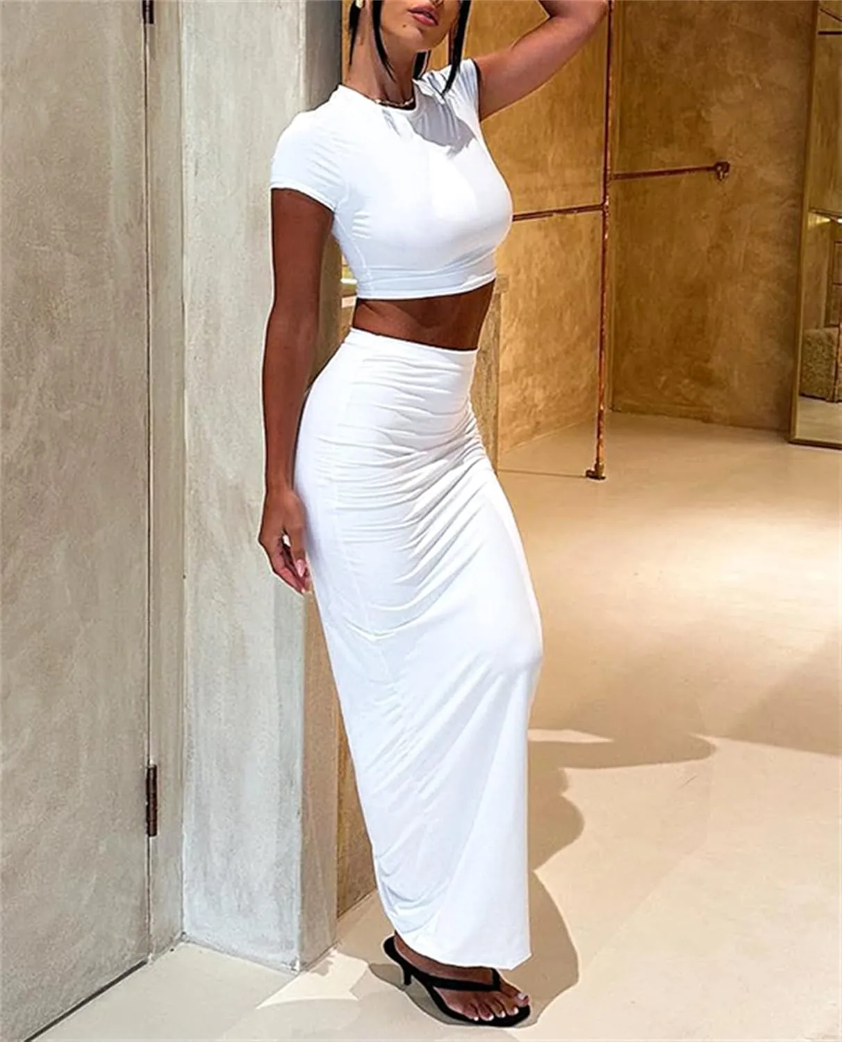 Two Piece Skirt Set for Women 2 PC Y2K Outfits Short Sleeve Crop Tops Bodycon High Waist Long Maxi Skirts