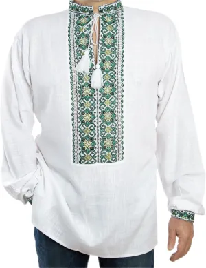 Ukrainian Shirt Vyshyvanka for Men White Linen with Green Yellow Handmade Cross-Stitch Embroidery (US, Alpha, Large, Regular, Regular, White, Green)