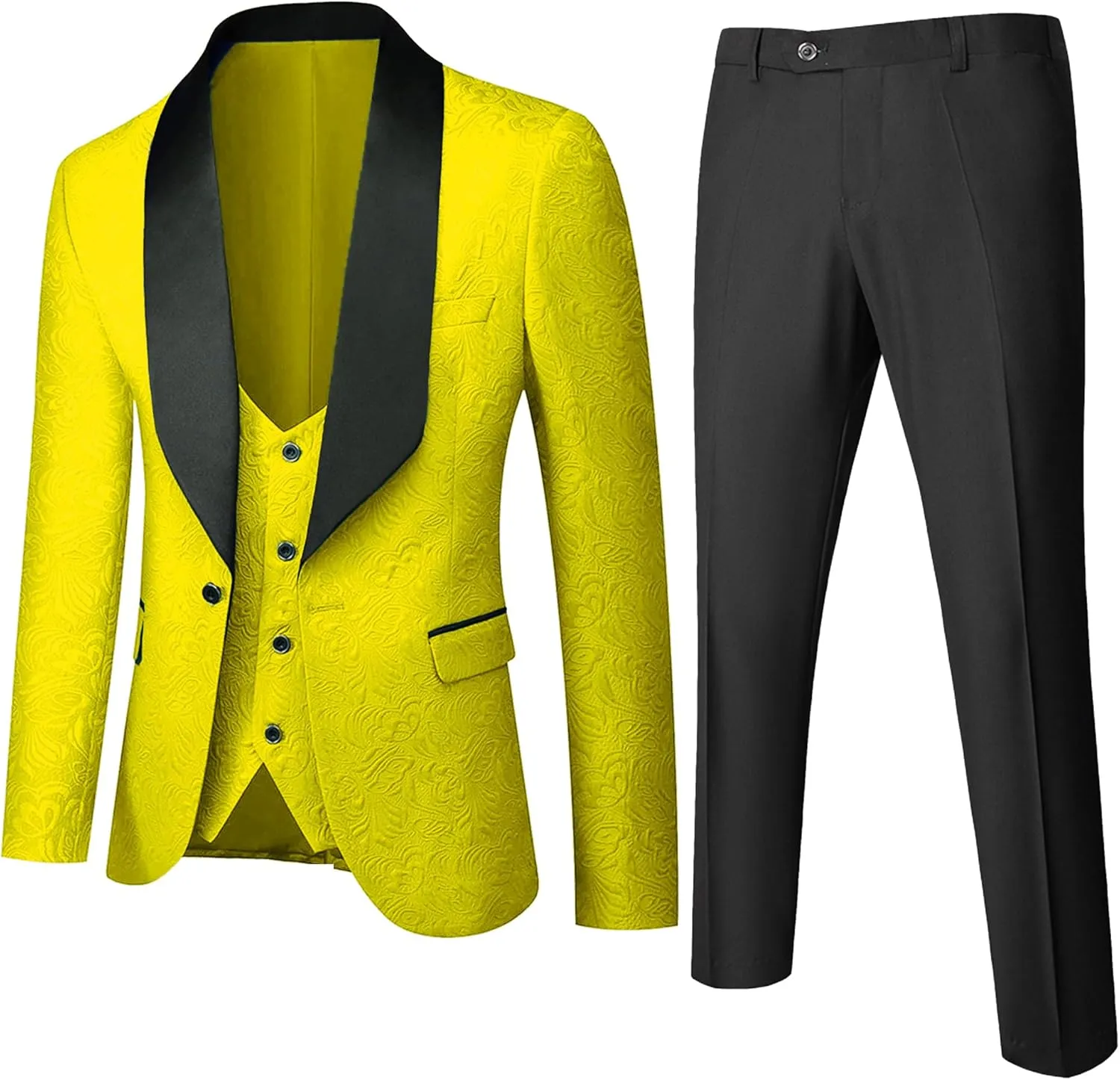 UNINUKOO Mens Floral Suits 3 Piece Tuxedo Suit Slim Fit Jacquard Tux Suit Set Shawl Lapel for Wedding Prom Suit