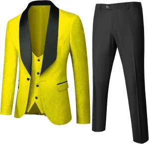 UNINUKOO Mens Floral Suits 3 Piece Tuxedo Suit Slim Fit Jacquard Tux Suit Set Shawl Lapel for Wedding Prom Suit