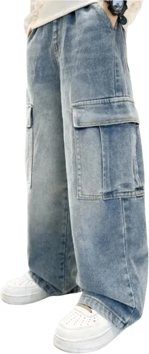 Verdusa Boy's Baggy Straight Leg Denim Pants Loose Vintage Cargo Jeans with Pockets