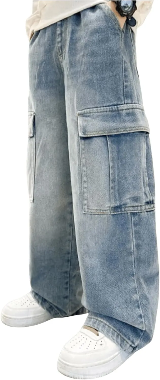 Verdusa Boy's Baggy Straight Leg Denim Pants Loose Vintage Cargo Jeans with Pockets