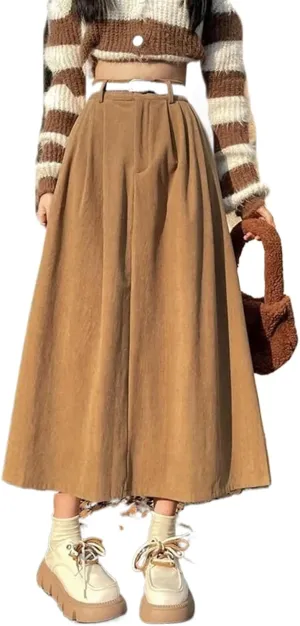 Vintage Corduroy Long Skirt Women Autumn Winter High Waist Pleated Skirts Woman Streetwear A Line Midi Skirt