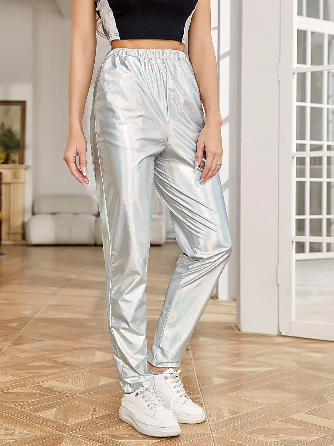 WDIRARA Women's Elastic High Waist Metallic Pants Party Club Trousers