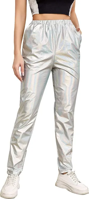 WDIRARA Women's Elastic High Waist Metallic Pants Party Club Trousers