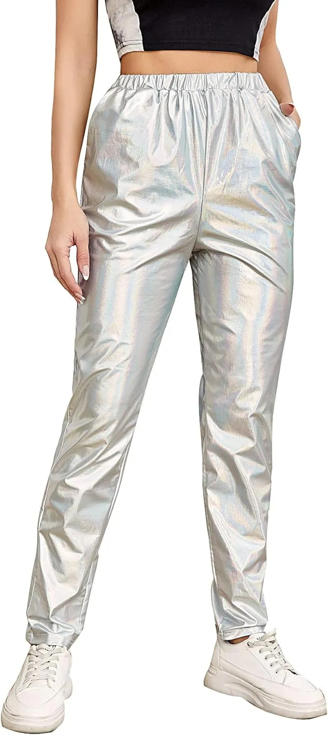 WDIRARA Women's Elastic High Waist Metallic Pants Party Club Trousers