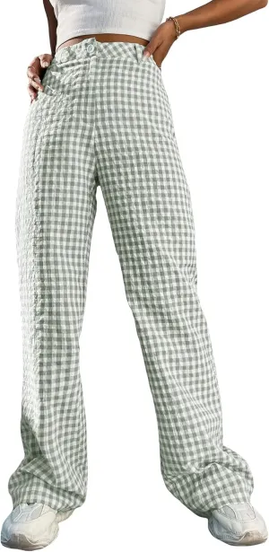 WDIRARA Women's Plaid High Waist Button Wide Leg Pants Gingham Trousers